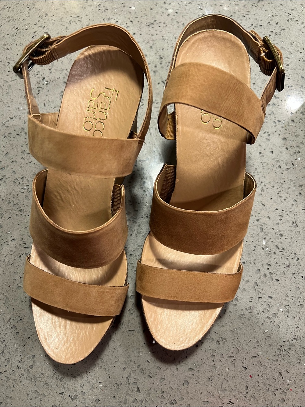 Franco Sarto Chestnut Tan Triple-Strap Wedge Sandals 8.5